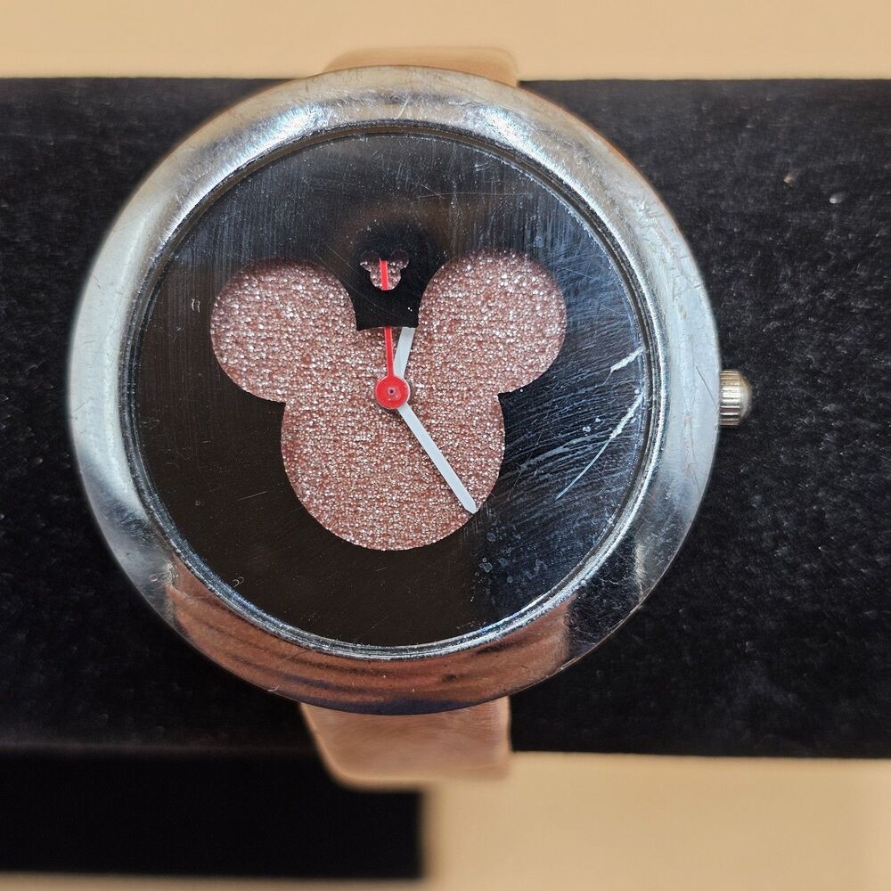 Vintage Mickey Mouse Glitter Silhouette Watch Stainless Steel Back Black Dial